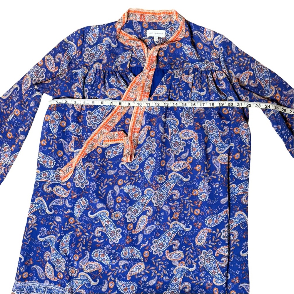 Lost + Wander Blue Paisley Tie-Neck Mini Dress Long Bell Sleeve – Size Small - Picture 10 of 12